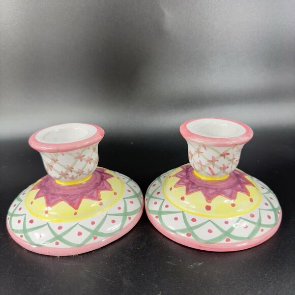 Vintage Painted RedWare Pottery Candle Stick Holder Set 2 Candle Holder VTG - Picture 8 of 12